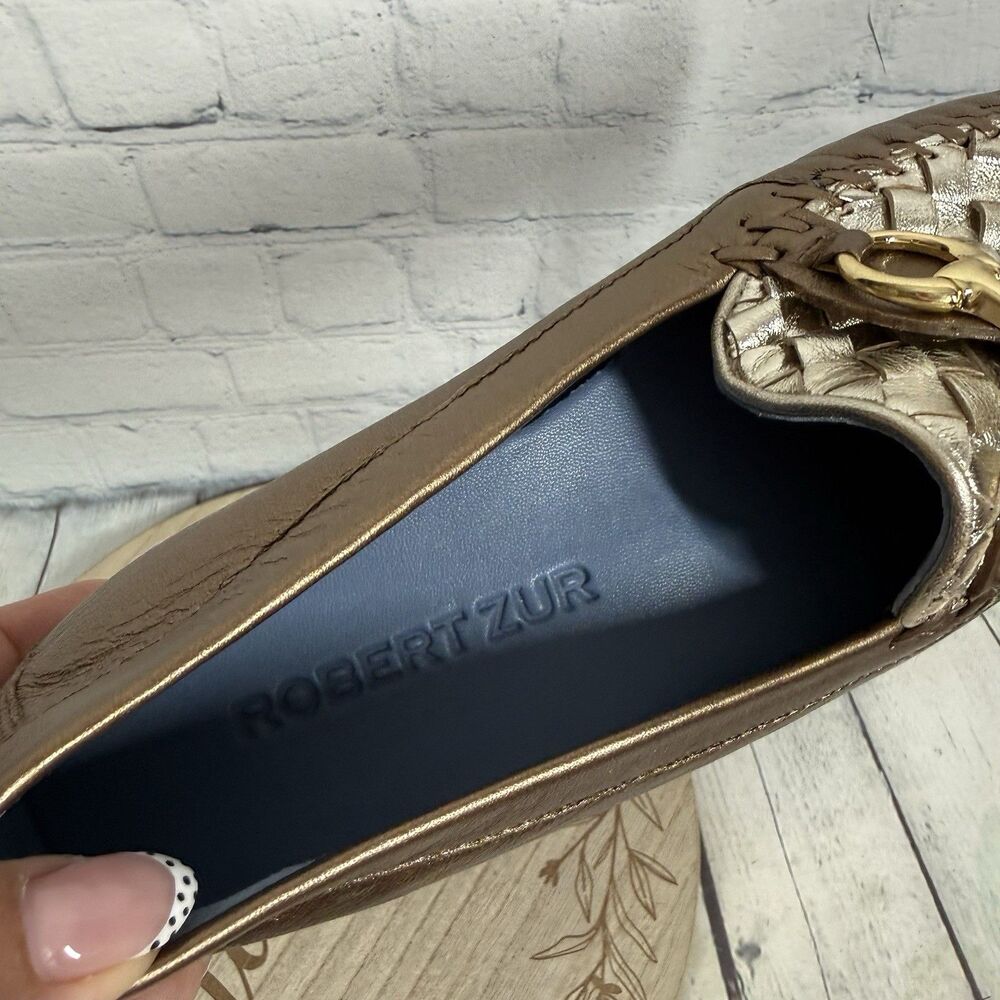 Robert Zur Womens 8.5 Metallic Bronze Gold Woven Leather Driving Loafers Flats - Picture 11 of 13